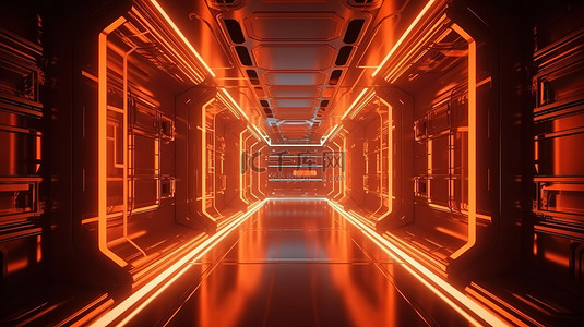 在 3D 渲染中用霓虹灯橙色发光的科幻宇宙飞船走廊的插图