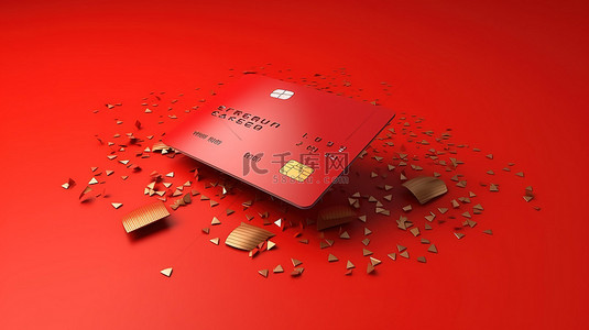 信用卡和利率在充满活力的红色背景 3D 渲染插图