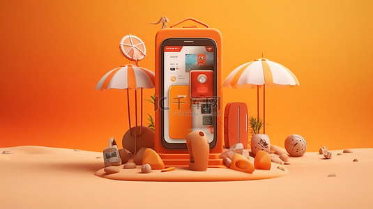 海滩主题 3D 渲染移动信息亭，橙色背景上具有多种元素