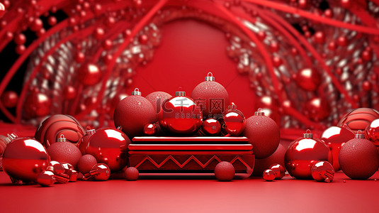 红色玩具灯背景图片_红色背景圣诞玩具的 3D 渲染祝您圣诞快乐，新年快乐