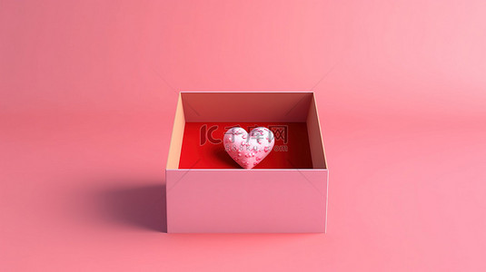 3d 渲染粉红色背景，打开纸板箱上有红心