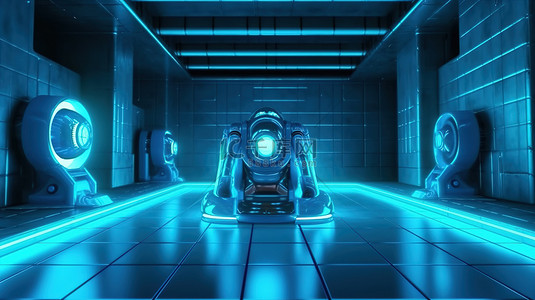 未来派科幻小说室，配有空白蓝色全息投影仪，用于 3D 渲染模型