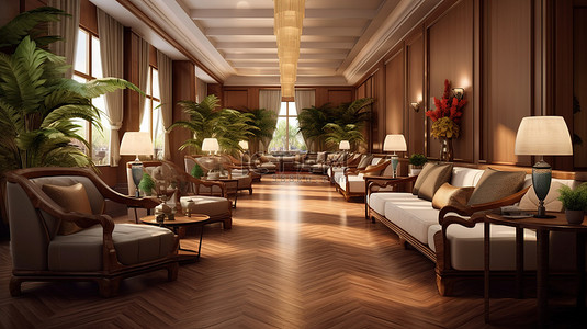五星级酒店华丽的休息室，宏伟的木制家具增强了豪华的 3D 渲染效果