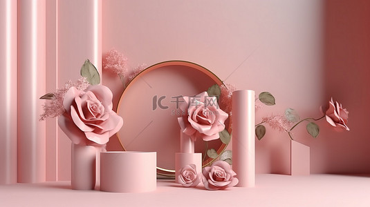 白色玫瑰花背景图片_用于产品展示的 3D 渲染背景中的简约概念玫瑰花和几何形状讲台