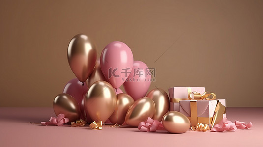 逼真的粉色和金色气球，带礼盒和弓形 3D 渲染