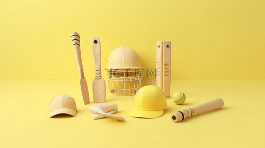 mt头盔背景图片_充满活力的淡黄色背景，展示 3D 板球设备球棒球小门柱和头盔，并有充足的复制空间