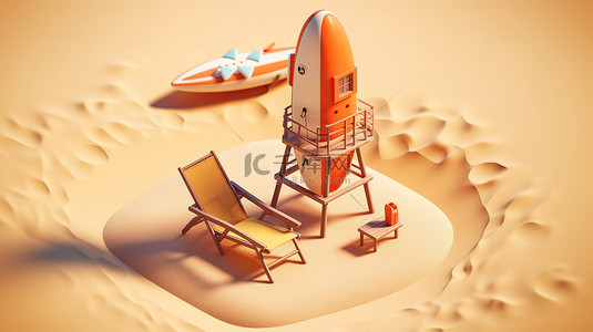 棕色平坦等距海滩背景上救生员塔沙滩椅和冲浪板的 3D 渲染