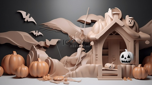 鬼屋恐怖背景图片_万圣节主题讲台以 3D 渲染为特色，带有南瓜屋蝙蝠云和鬼魂，用于展示产品