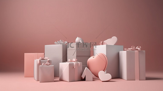 生日礼盒背景图片_带心形的最小背景礼品盒 3D 渲染的收藏集模型