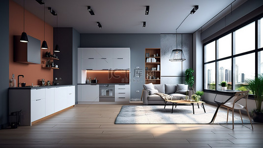 开放客厅背景图片_现代开放概念室内时尚工作室公寓和厨房以 3D 渲染