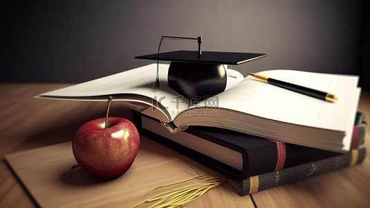 学生毕业背景图片_三本教育 3D 打开书，配有苹果毕业帽和一摞书