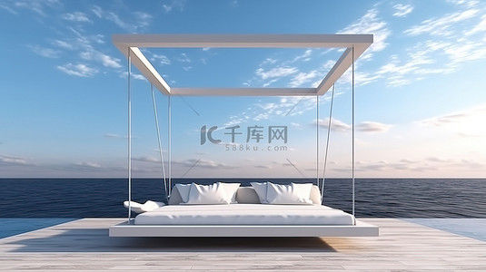 夏威夷海滩背景图片_华丽的露台吊床，可欣赏 3D 渲染的壮丽海景