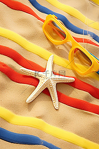海滩上坐着一只戴着太阳镜和太阳镜的通气管的海星