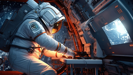 银河元素背景图片_3d 渲染元素宇航员在空间站上进行工作