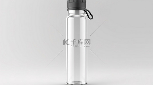 逼真的玻璃水瓶，带有灰色硅胶手柄，3D 插图隔离在白色背景上