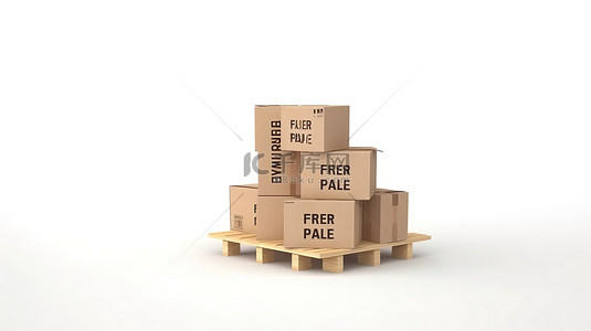 在木质调色板上释放储蓄纸板箱，在白色背景 3D 渲染上带有免费送货标志