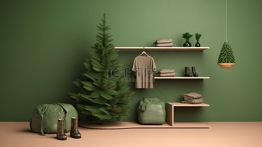 节日服装背景背景图片_节日主题产品展示 圣诞节背景下松树和礼品包装服装的 3D 渲染