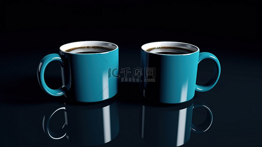 黑色的盖子背景图片_3D 渲染中蓝色背景下悬挂在黑色盖子上的两个咖啡杯
