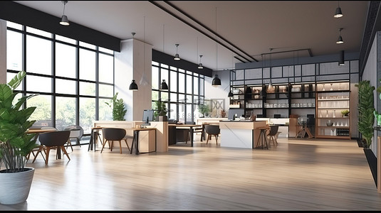 表格表格设计背景图片_创新的 3D 办公室设计，宽敞明亮的大堂和时尚的咖啡厅