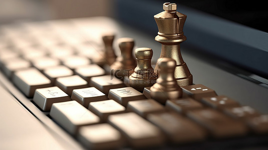 键盘上的国际象棋王是在线业务策略的 3D 渲染符号