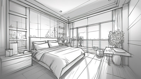 死神素描背景图片_卧室阳台景观建筑设计的 3D 插图