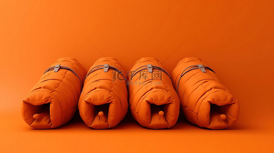 3D 渲染的单色睡袋位于充满活力的橙色背景上