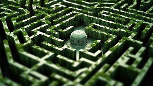 神秘的混凝土迷宫迷宫结构，其中心有一棵错综复杂的绿树，通过 3D 渲染捕捉到了惊人的细节