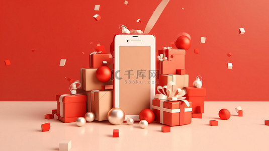 圣诞节手机背景图片_智能手机的 3D 渲染显示在线圣诞购物