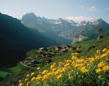 独具一格背景图片_山顶上的一个村庄，中间矗立着一朵黄色的花