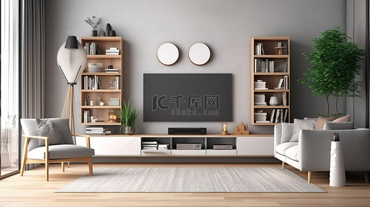 斯堪的纳维亚室内灰色沙发的 3D 渲染，电视上播放流媒体电影