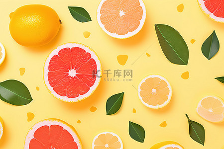 柠檬西柚背景图片_黄色背景中的许多葡萄柚橙子和柠檬