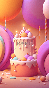 生日蛋糕气球暖色立体背景