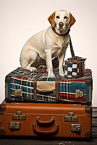 坐着舒适背景图片_一只狗坐在几个手提箱旁边，还有一个包裹着礼品标签的手提箱