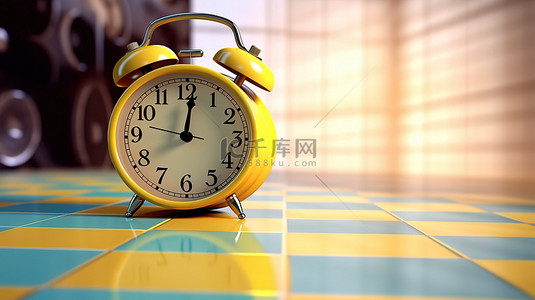 卡通时间背景图片_黄色和蓝色色调的老式闹钟放置在地板上，并以充满活力的背景 3D 渲染描绘为背景