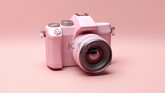 粉红色背景上相机的 3D 渲染插图，具有充足的复制空间