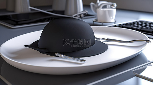 美食厨师背景图片_厨师的帽子放在盘子上，带有电脑鼠标 3D 渲染图像
