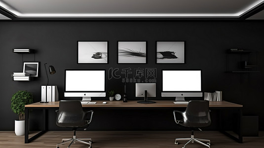 病例场所背景图片_配有模型计算机时尚黑色屏幕和 3D 可视化的现代工作场所