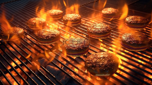 铁板鸡扒背景图片_3d 渲染铁板汉堡在燃烧的烤架上