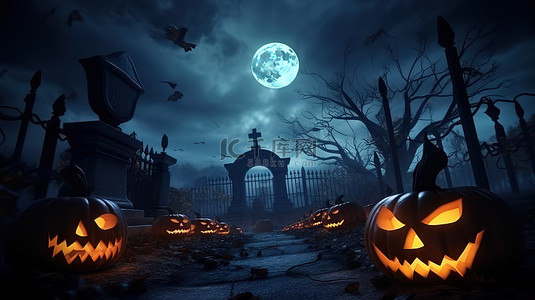 满月派对背景图片_万圣节满月之夜墓地里的杰克灯笼的怪异 3D 插图