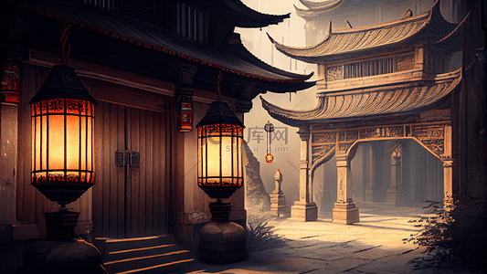 房屋中式背景图片_古代建筑灯笼中国风格