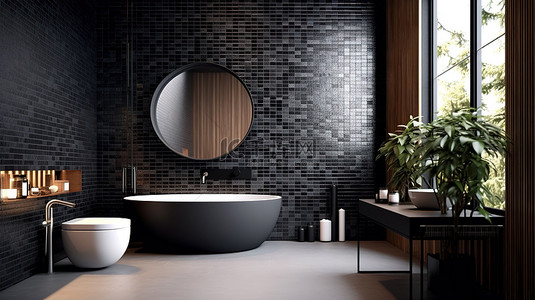 时尚卫生间背景图片_时尚现代的浴室配有醒目的黑色马赛克墙 3D 渲染