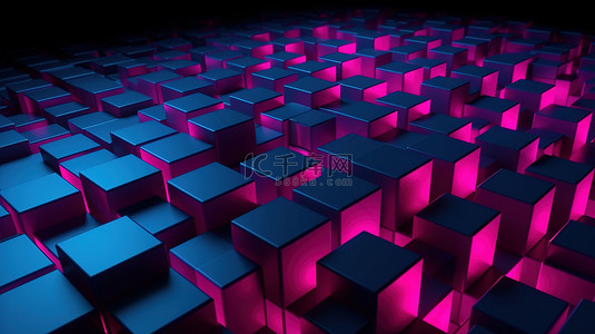 方形背景粉色背景图片_霓虹蓝色和粉色平行四边形图案照亮了令人惊叹的 3D 插图中的粉色立方体行