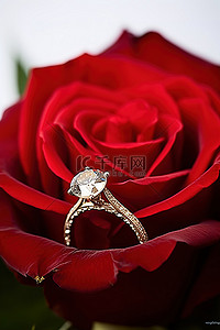一朵红玫瑰，上面有订婚戒指