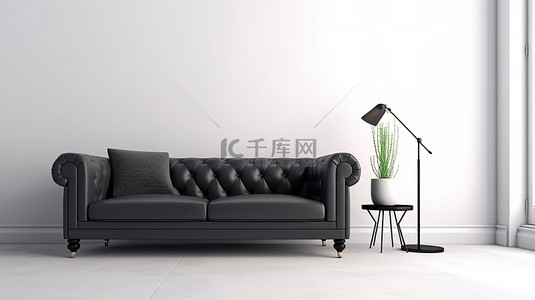 3D 渲染特写时尚黑色沙发和咖啡桌在明亮的房间与白色墙壁