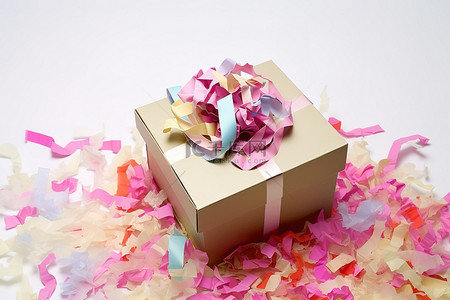 一个打开的礼品盒，里面有彩色纸巾