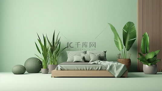 带有复制空间的浅色背景上的绿色床和房间装饰的简约 3D 渲染