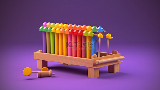 充满活力的木制木琴，配有木槌，在 3D 渲染的紫色背景下