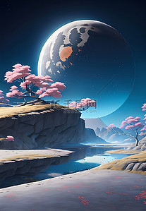 梦幻星空宇宙蓝色背景图片_月亮樱花树太空背景