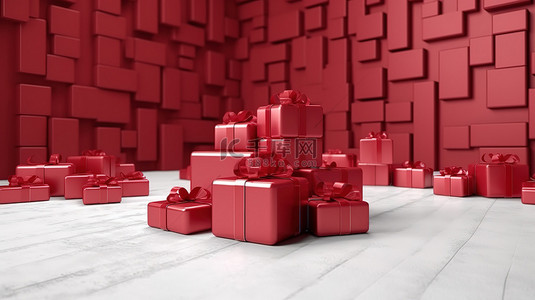 圣诞节 3D 模拟房间的单色红色地板上散落着各种红色礼品盒