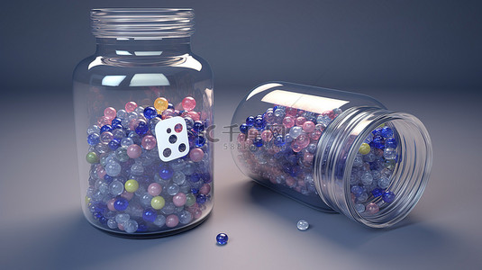 两个玻璃罐，里面装满了光滑的 Facebook 徽章和 3D 图标